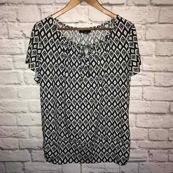 AB Studio blouse womens size XL black white key hole tie scoop neck short sleeve - Picture 5 of 8